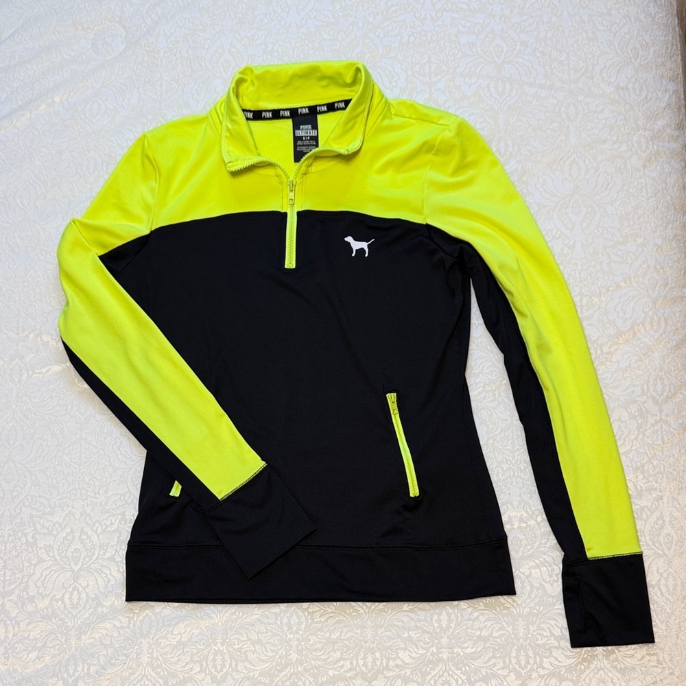 Victoria's Secret PINK Neon Yellow and Black 1/4 Pullover